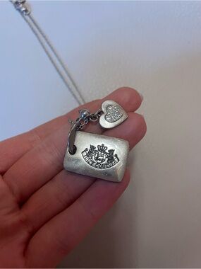 Juicy Couture Silver Logo Tag Necklace with Heart Charm